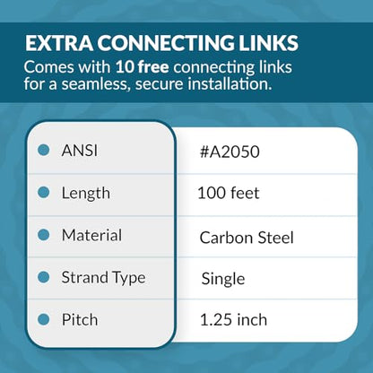 PGN A2050 Conveyor Roller Chain x 100 Feet + 10 Connecting Links
