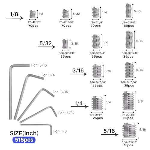 1305PCS Metric + SAE Set Screw Assortment Kit, Internal Hex Drive Headless Set Screw Assortment Kit with 10 Hex Wrenches, M3 to M8 and 1/8-40 to 5/16-18 (304 Stainless Steel) - color: Silver