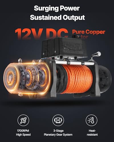 VEVOR Electric Winch, 12000 lbs Load Capacity, 12V DC Truck Winch with Φ0.36 in x 75.5 ft Synthetic Rope, Wireless & Wired Remote Control, IP55 Waterproof for Towing Off-Road SUV Jeep Trailer