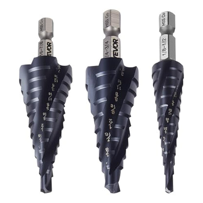 VEVOR Step Drill Bit Set, 1/8-7/8 inch, 3 Pieces Step Drill Bits, 1/4 inch Hex Shank, TiAlN Coating Cobalt HSS High Speed Steel, for Metal, Stainless Steel, Aluminum, Wood, Plastic, Fiberglass - size: 1/8-7/8" (3-Piece Set)