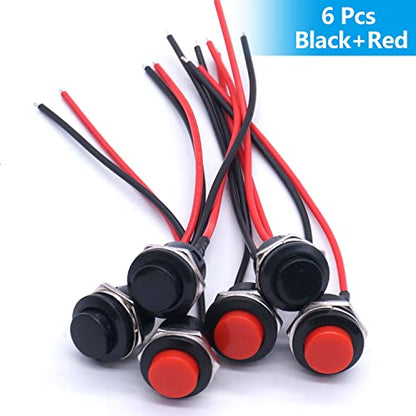 Twidec/6Pcs SPST Momentary Push Button Switch AC250V/3A AC125V/6A Mini Off(ON) ON Black + Red with Pre-soldered Wires R13-507BKR-X - color: Black＆Red-16mm, size: Momentary