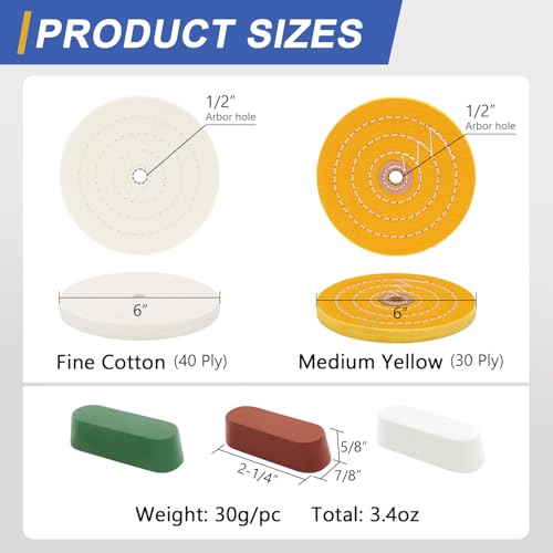 SCOTTCHEN 6inch Buffing Polishing Wheels 1/2" Arbor Hole,Fine (40Ply) / Medium (30Ply) for Bench Grinder,with Buffing Polishing Cutting Compound 3.4 Oz.Kit - color: Multi 5pcs(Fine*1+Medium*1), size: 6 inch