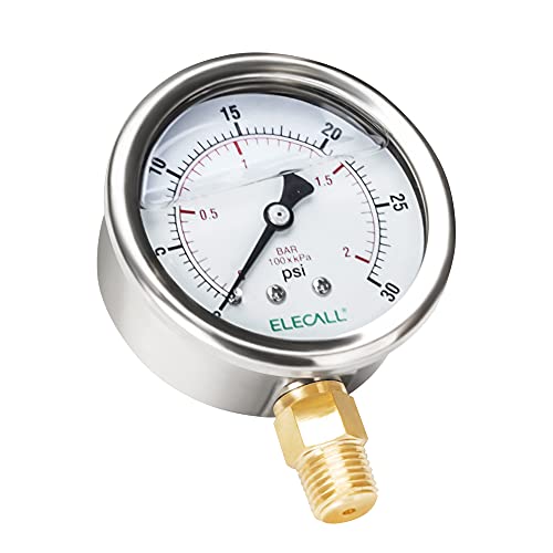 30psi Silicone Oil Filled Pressure Gauge for Water Oil Air Pressure Test in Pool Pump Sand Filter Air Compressor Water System, 2-1/2" Stainless Steel Case, Lower Mount 1/4" NPT - size: 0-30 Psi, style: Lower Mount