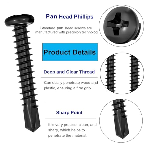 100Pcs Black High-Strength Quick Self Tapping Screws for Metal, 410 Stainless Steel, #8 x 1 Phillips Drive Pan Head Self Drilling Deck Screws, Sheet Metal Screws with 1 Pc Bits for Free - size: 100pcs #8 x 1", style: Pan Head