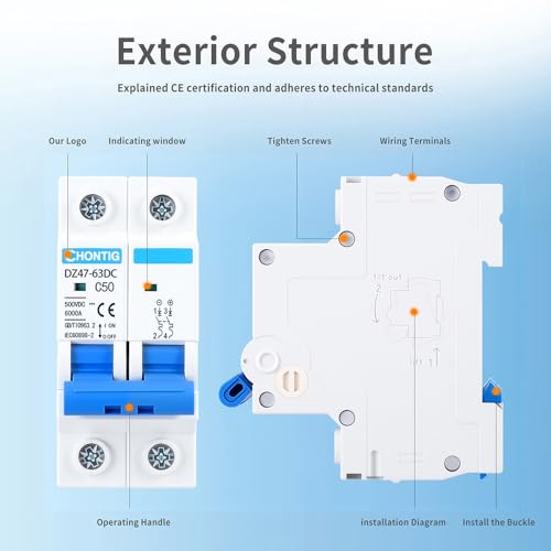 50 Amp Miniature DC Circuit Breaker 500V 2 Pole, Solar PV Disconnect Switch with Thermal Magnetic Trip, DIN Rail Mount Isolator C50