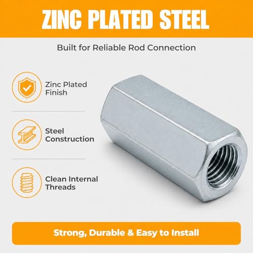1/4-20 Hex Coupling Nut, Pack of 12 Zinc-Plated Carbon Steel Rod Coupler Extension Joiner - color: Silver, size: 1/4-20 x 1"