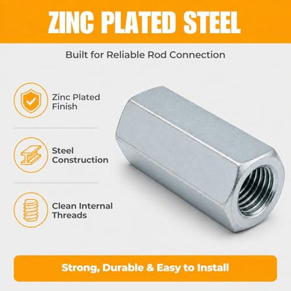 1/4-20 Hex Coupling Nut, Pack of 12 Zinc-Plated Carbon Steel Rod Coupler Extension Joiner - color: Silver, size: 1/4-20 x 1"