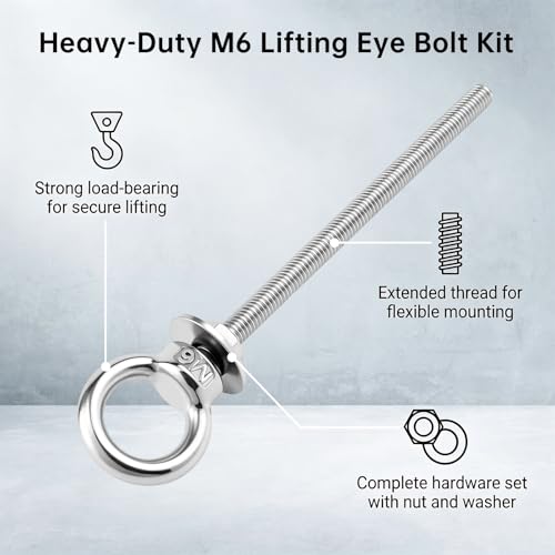 2X M6 Stainless Steel Eye Bolts with Nuts, 1/4" x 4" Lifting Ring Eye Bolt - size: M6x100mm (1/4"x4")