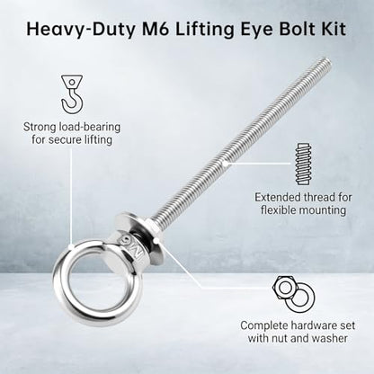 2X M6 Stainless Steel Eye Bolts with Nuts, 1/4" x 4" Lifting Ring Eye Bolt - size: M6x100mm (1/4"x4")