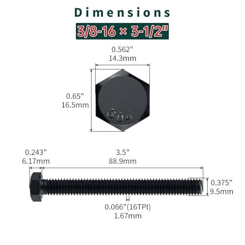 3/8-16 x 3-1/2" Hex Bolts with Nuts and Washers (6 Sets), 18-8 (304) Stainless Steel, External Hex Drive, Black Oxide Coated Hexagon Head Bolts Screws, Fayeploo - size: 3/8-16 x 3-1/2"