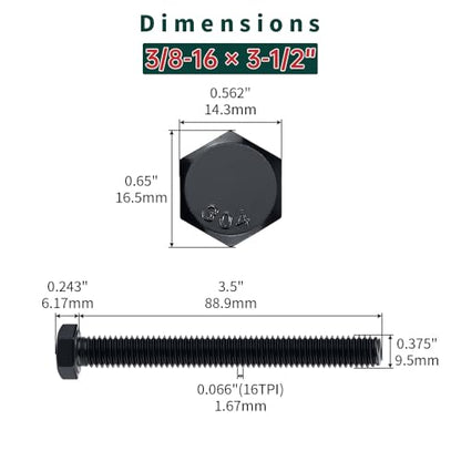 3/8-16 x 3-1/2" Hex Bolts with Nuts and Washers (6 Sets), 18-8 (304) Stainless Steel, External Hex Drive, Black Oxide Coated Hexagon Head Bolts Screws, Fayeploo - size: 3/8-16 x 3-1/2"