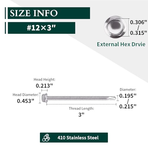 #12 x 3 (25 pcs) Hex Washer Head Self Drilling Screws, 410 Stainless Steel Metal Sheet Tek Screws, Self Tapping Point, No Pre-drilled Hole Needs - size: #12 x 3"