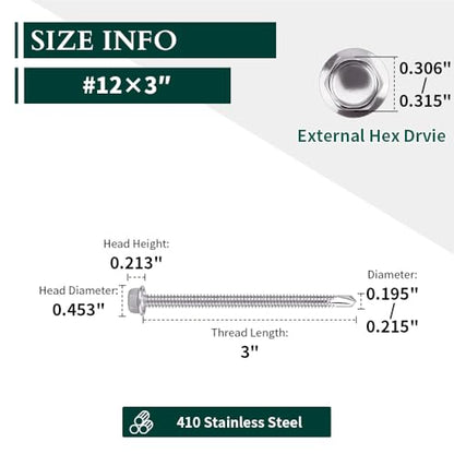 #12 x 3 (25 pcs) Hex Washer Head Self Drilling Screws, 410 Stainless Steel Metal Sheet Tek Screws, Self Tapping Point, No Pre-drilled Hole Needs - size: #12 x 3"