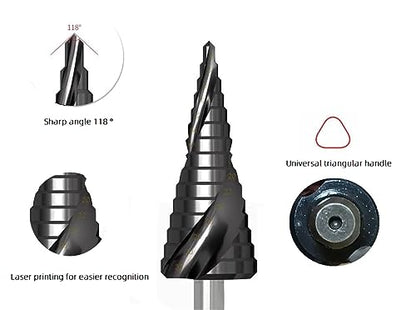 4-32mm M35 Material HSS Triangular Shank Spiral Step Bit TiAlN Coated Black Step Drill Bit Power Tools, for Metal, Stainless Steel, Aluminum, Wood, Plastic - size: 4-32