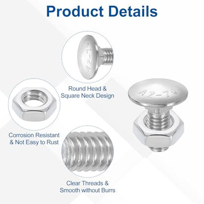 uxcell 10 Set Carriage Bolts and Nuts Kit, M8-1.25x20 Stainless Steel 304 Round Head Square Neck Carriage Bolts Screws and Hex Nuts - Silver - size: M8-1.25x20mm