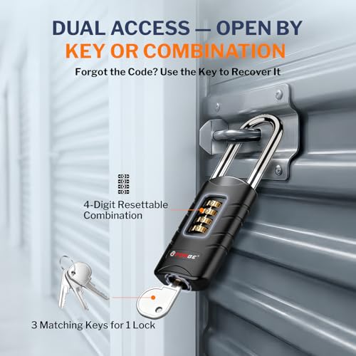 Forge Dual Opening Combination Lock with Backup Key, Black, 1 Lock Long - color: Black, size: Long Shackle Black 1 Lock