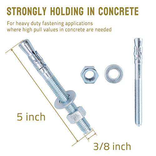 3/8 Concrete Anchors, Zinc-Plated Steel Wedge Anchors, 20 Pack - size: 3/8" x 5"