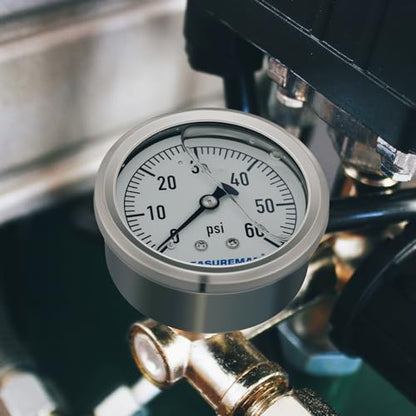 MEASUREMAN 2-1/2" Dial Size, Glycerin Filled Plumbing Pressure Gauge, 0-60psi, Stainless Steel Case, 1/4" NPT Back Mount - size: 0-60 psi, style: Back Mount