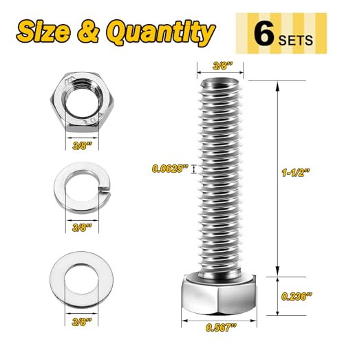 Mywish (6 Sets) 3/8-16x1-1/2 Hex Head Assorted Screws Nuts and Bolts with Flat & Lock Washers, 304 Stainless Steel 18-8, Fully Threaded, 3/8 Bolt Metric Bolt Assortment - size: 3/8-16 x 1-1/2 (6 set)