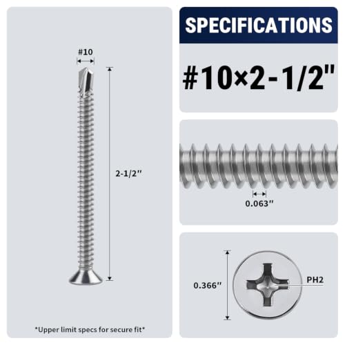 #10 x 2-1/2" Phillips Flat Head Sheet Metal Screws, Stainless Steel 410 Self Drilling Screws for Metal, Countersunk Head, Phillips Drive, Self Tapping, 50 Pack - size: #10 x 2-1/2"