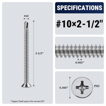 #10 x 2-1/2" Phillips Flat Head Sheet Metal Screws, Stainless Steel 410 Self Drilling Screws for Metal, Countersunk Head, Phillips Drive, Self Tapping, 50 Pack - size: #10 x 2-1/2"