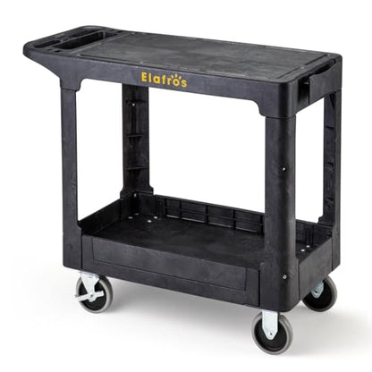 ELAFROS Heavy Duty Plastic Flat Top Utility Work Cart, 37 x 18.8 in, Black - color: Black, size: 2 fixed 2 swivel casters