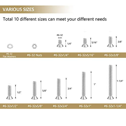 242 Pieces #6-32x 1/4", 5/16", 3/8", 1/2", 5/8", 3/4", 1", 1-1/4", Phillips Countersunk Head Machine Screws Nuts Washers Assortment Kit, 304 Stainless Steel, Fully Machine Thread - size: #6-32