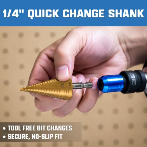 NEIKO 10628A Step Drill Bit, 2 Steps 7/8" to 1-1/8" Straight High Speed Steel, Titanium Nitride Coated, 1/4" Quick Change Step Bits for Steel, Metal, Wood, Plastic, Unibit Cone Drill Bits, Two Flute - size: #9 (7/8 - 1-1/8", 2S), style: Straight