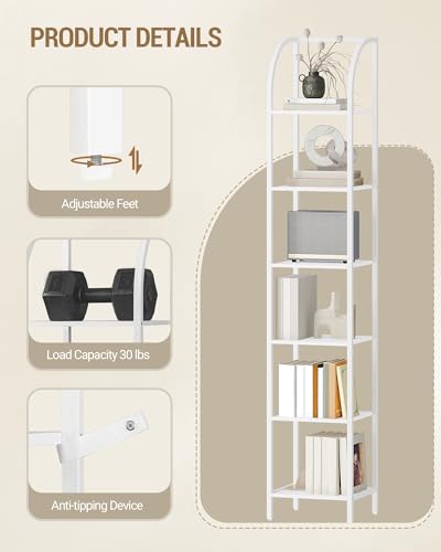 Hzuaneri Bookshelf Narrow Bookcase, Tall Storage Rack with Steel Frame - color: White, size: 11.8 × 13.2 × 71.9 inch