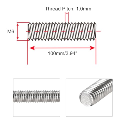 M6 x 100mm Fully Threaded Rod & Studs, 304 Stainless Steel Right Hand Threads Rods, M6-1 Thread Pitch for Anchor Bolts, Clamps, Hangers and U-Bolts 4pcs 【with Nuts】 - size: 4-Inch