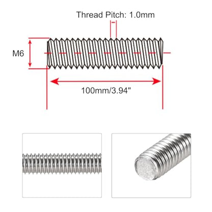 M6 x 100mm Fully Threaded Rod & Studs, 304 Stainless Steel Right Hand Threads Rods, M6-1 Thread Pitch for Anchor Bolts, Clamps, Hangers and U-Bolts 4pcs 【with Nuts】 - size: 4-Inch