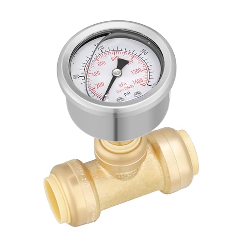 MEASUREMAN Push to Connect Pressure Gauge 0-200Psi Stainless Steel Vibration Proof, 2" Dial Size, with 1/2 Inch Push Fit Plumbing Tee - size: 1/2 Inch Push Fit Plumbing Tee