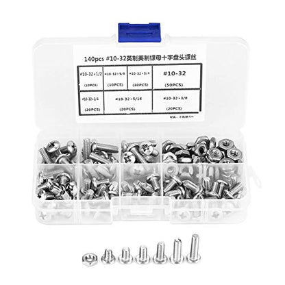 140pcs #10-32 304 Screws and Nuts, Stainless Steel Pan Head Screws Kit Assortment Set Repair Tool Accessory