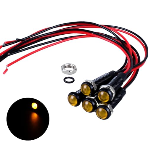 5pcs 6mm LED Indicator Light Plastic Black Signal Dot Lamp 12V-24V 1/4" Mounting Hole Size with 15cm/5.9in. Wire (Yellow LED) - color: Yellow, size: 6mm 12-24V
