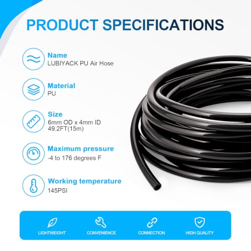 Black PU Air Hose, 6mm OD 4mm ID, 50FT - color: Black, size: 6mm OD x 50FT