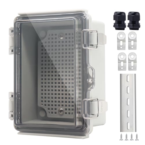 IP67 Waterproof Junction Box, ABS Plastic Electrical Enclosure with Stainless Steel Latch, Hinged Cover Electric Box with Mounting Plate, Wall Brackets & Cable Glands 150x100x70 - color: Clear, size: 5.9"x3.9"x2.8"