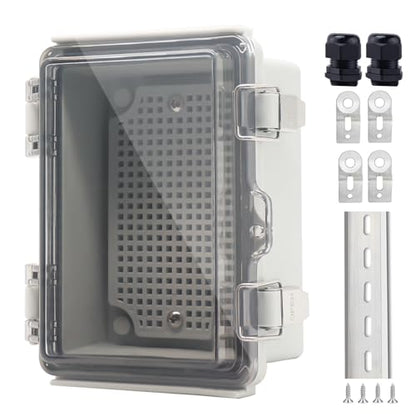IP67 Waterproof Junction Box, ABS Plastic Electrical Enclosure with Stainless Steel Latch, Hinged Cover Electric Box with Mounting Plate, Wall Brackets & Cable Glands 150x100x70 - color: Clear, size: 5.9"x3.9"x2.8"