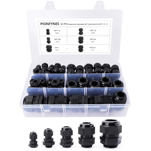 52PCS Cable Gland 3-25mm Waterproof Adjustable 1/4'', 3/8'', 1/2'', 3/4'', 1'' NPT Cable Gland Joints with Gaskets - size: NPT KIT 52pcs