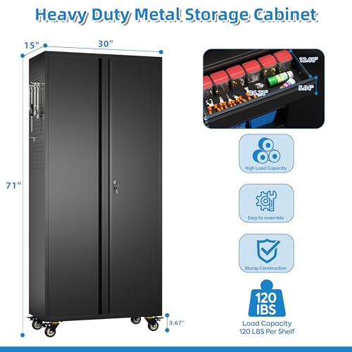 Reemoon 71" Metal Garage Cabinet with Wheels, Drawer and Pegboard - color: Black, size: 15"D x 30"W x 71"H