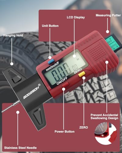GODESON Red Digital Tire Tread Depth Gauge - 3 Modes (Fractional/Decimal Inch/Millimeter), Zeroable & Accurate, LCD Display,Tire Tread Measure Tool for Cars, Motorcycles, SUV, Trucks & Vans
