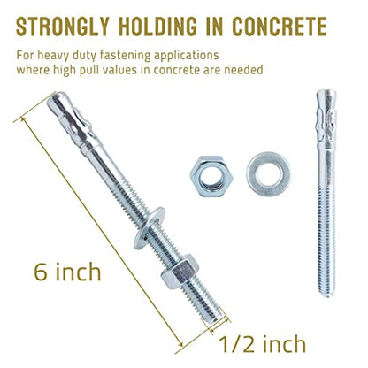 1/2 Concrete Anchors, Zinc-Plated Steel Wedge Anchors, 8 Pack - size: 1/2" x 6"