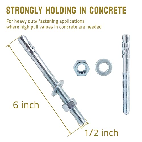 1/2 Concrete Anchors, Zinc-Plated Steel Wedge Anchors, 8 Pack - size: 1/2" x 6"