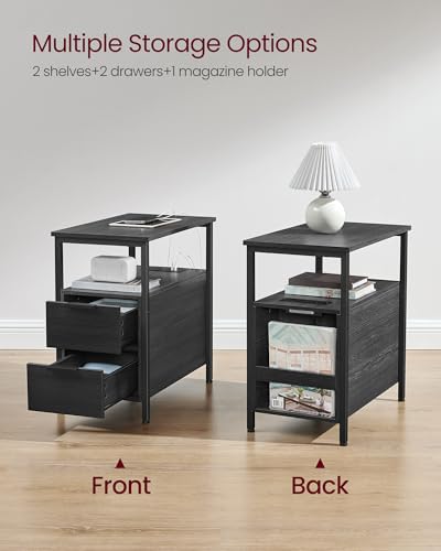 VASAGLE Side End Table with Charging Station, Slim Nightstand with Storage - color: Charcoal Gray + Ink Black, size: 23.6"D x 11.8"W