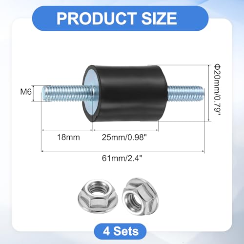 uxcell 4Pcs M6 x 18mm Rubber Mounts, 25 x 20mm Cylindrical Anti Vibration Isolator Studs Shock Absorber Double Studs with Nuts for Car Bobbin Generator Air Compressors - size: M6 x 18mm, 25 x 20mm