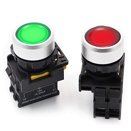 mxuteuk 2Pcs Red Green LED Light Voltage 110V-220V 22mm 1NO 1NC Waterproof IP65 SPST Momentary Push Button Switch 10A 600V LA155-A1-11D-RG - color: Red 1NC+Green 1NO