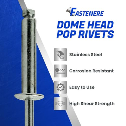 Fastenere Pop Rivets - 1/4" x 3/4" (25pcs) Heavy Duty, Open-End, Stainless Steel, Dome-Head Blind Rivets, Corrosion-Resistant, High Tensile & Shear Strength, 8-12 Gap 0.626"-0.750" - size: 1/4" x 3/4" (8-12) (25 Pack)