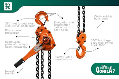 GORILA Manual Lever Hoist 360° | Manual Ratchet Chain Puller Hoist | 13225lbs - 10ft (6t - 3m) | Safety Factor 4:1 | Since 1989 - size: 13225lbs - 10ft / 6t - 3m