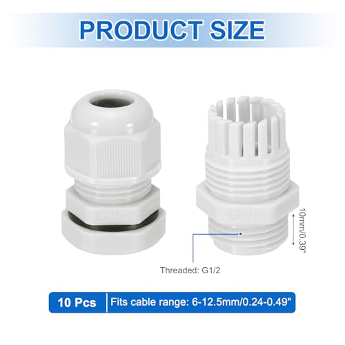 MECCANIXITY 10 Pcs G1/2" Cable Glands Adjustable 6-12.5mm PA6 Nylon IP68 Waterproof Connectors with Seals Anti-Corrosion for Industrial/Outdoor Electrical Systems (White) - size: G1/2"