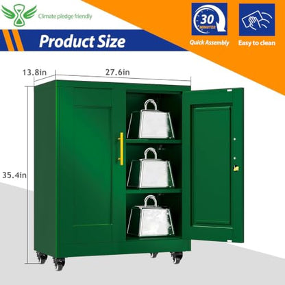 GAIOUS Metal Storage Cabinet with Lock and Wheels, Steel Tool Cabinet - color: Green, size: 13.8"D x 27.6"W x 35.4"H