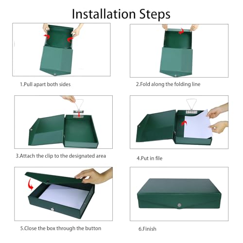 6 Pack Foldable Plastic Box Files A4 with Metal Clip（Green） - color: green, size: with clip